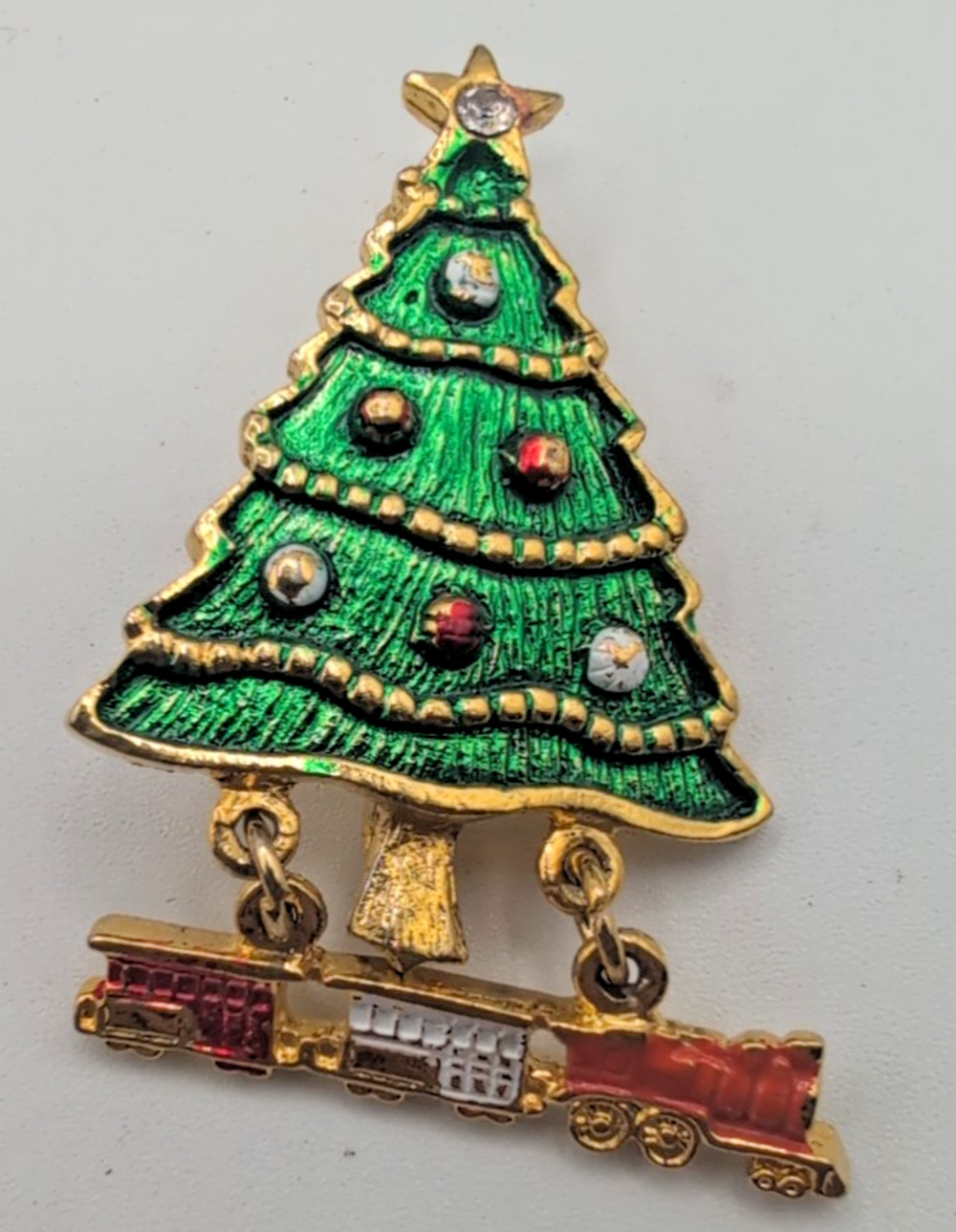 VTG Christmas Tree Brooch Dangle Toy Trains Set Green Red Enamel Holiday 2"